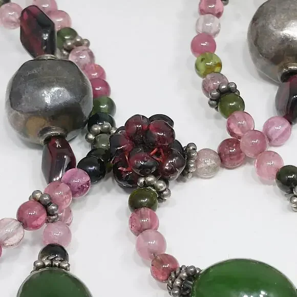 Vintage Gemstone Beaded Necklace, Garnet Clusters, Two Strands, 1990s Vintage